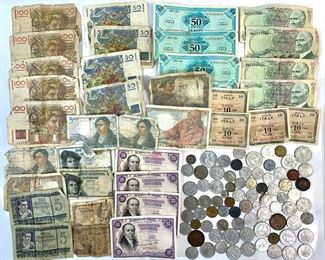Large Assortment of Vintage Early 19th Century European Coins & Banknotes Including Large Collection of Postwar France Notes & Aluminum Coins
