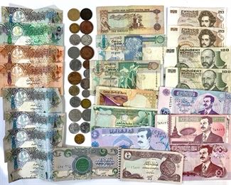 Qatar, United Arab Emirates, Austria, & Iraq Banknotes with Canadian Silver Quarters & Other Assorted Foreign Coins
