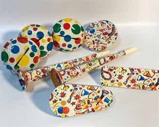 8 Vintage Tin Litho Metal Party Noise Makers
