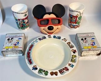 Vintage 70s and 80s Walt Disney Collectibles - 2 Walt Disney World Cups and 1 Bowl, Mickey Mouse Disney Viewmaster, and 2 Mickey and Pals Adhesive Bandage Holders
