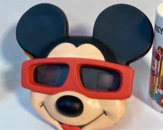Vintage 70s and 80s Walt Disney Collectibles - 2 Walt Disney World Cups and 1 Bowl, Mickey Mouse Disney Viewmaster, and 2 Mickey and Pals Adhesive Bandage Holders
