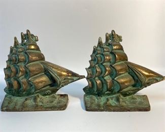 Vintage Pair Patina Brass Bronze Clipper Master Ship Bookends
