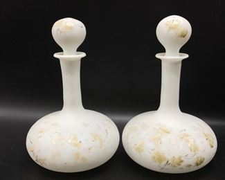 2 Antique Victorian Satin Milk Glass Boudoir Bottles

