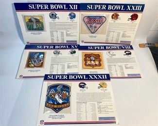 5 Vintage NFL Super Bowl Collectible Patches with Original Paper from Book - VIII, XII, XV, xxiii, and XXXII
