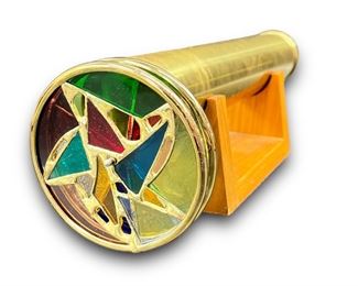 Vintage Signed Brass Kaleidoscope with dual wheels on Wooden holder
