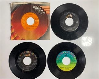 Vintage RCA Victor Elvis Presley Cant Help Falling In Love 45 RPM Record 47-7968, RCA Dolly Parton Love is Like A Butterfly PB-10031, ABC-Paramount Hit the Road Jack by Ray Charles 45-10244, and Vanguard Joan Baez What Have They Done To The Rain VRS-35023
