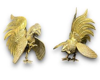 Vintage Pair of Brass Fighting Roosters

