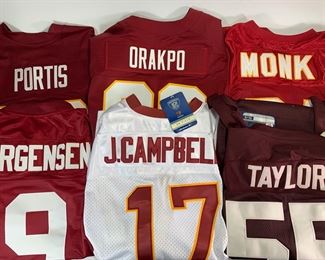 6 Vintage Washington Redskins Football Team Jerseys - #26 Clinton Portis, #81 Art Monk, #9 Sonny Jurgensen, #98 Brian Orakpo, #17 Jason Campbell, and #55 Jason Taylor - Jerseys are All XX-XXX Large Men Sizes and Are made By Reebok, Nike and Jeff Hamilton
