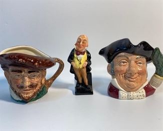 2 Royal Doulton English Porcelain Mini Toby Jugs and Figurine - Sir Francis Drake, Mine Host D 6470, and Micawber
