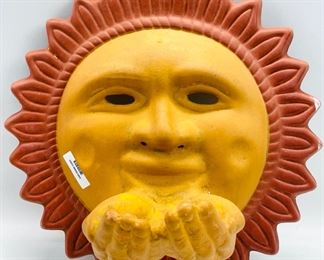 Vintage Terra Cotta Art pottery Painted Sun Wall candleholder Wall Decor
