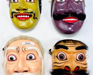 Vintage Indonesian Hand Carved & Painted Masks wood W/Fur Eyebrows Hair Mustache Lot of 4
