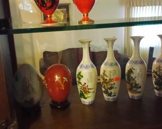 JAPANESE EGG SHELL PORCELAIN VASES, CLOISONNE' EGG, AND INSIDE PAINTED EGG
