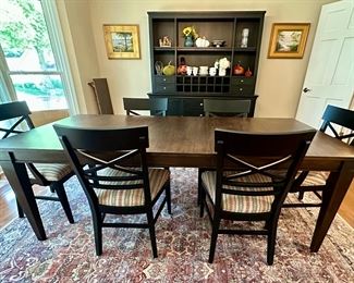 Ethan Allen Custom Fixed Top Dining Table with Avery Four-Way Tapered Leg with Dark Brown Finish and Satin Sheen.  72" L x 42" W x 30" Tall.  This configuration is  on Ethan Allen Web Site. In addition the two Blake Armchairs and 4 Blake Side Chairs are currently on Ethan Allen Website.