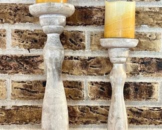 Pair of Candle Holders in Pickled  Oak and 2 battery operated candles