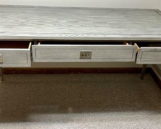 Ethan Allen Callum 3 Drawer Campaign Desk, Currently on Ethan Allen Website at $1870.00 in Unwashed Gray, Oak with Satin Sheen  and Distressed look.  