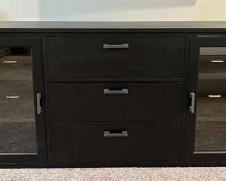 Ethan Allen Large "Duke" Media Center in Black , Lightly Distressed with Medium Sheen. 72" W x 18" D x 28" H. Currently on Ethanallen.com 