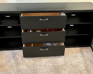 Ethan Allen Large Duke Media Center in Black , Lightly Distressed with Medium Sheen. 72" W x 18" D x 28" H. Currently on Ethanallen.com 