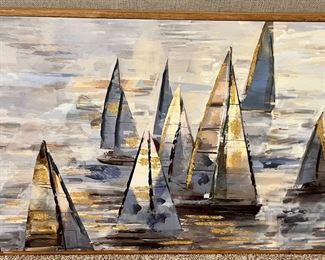 Wall Art of Sailing Boats with Browns, Blues and Cream Colors in Natural Wood Frame