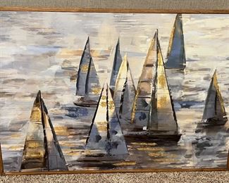 Wall Art of Sailing Boats with Browns, Blues and Cream Colors in Natural Wood Frame