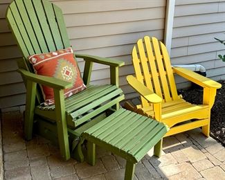 Lime Green Adirondack Rocker Chair with Ottoman and Bright Yellow Adirondack Chair