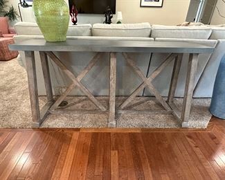 Ethan Allen Bruckner Metal-Top Console Table. 60.5" W x 18" D x 30"H.  Currently on Ethan Allen Web Site at $1970.00.  Crafted in Solid Rubberwood Frame and Zinc top with Brass Nail Heads for Industrial Look.