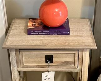 1 of a Pair of Rustic Wood Night Stands with 1 Drawer and Shelf.  Also the Orange Table Lamps are a Pair.
