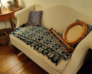 vintage two seat loveseat, antique mirror, vintage towel bar