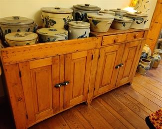 Early American dry sink, antique crocks