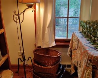 vintage lamp, early American baskets and crocks
