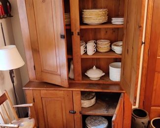 Large early American storage cabinet, vintage white Mikasa dinnerware