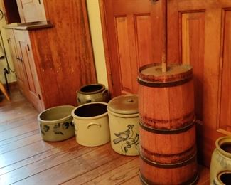 Early Amercian Crocks and butter churn