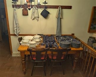 19th century distressed wood dining table, vintage dishes