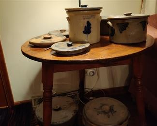 antique round table, antique hand painted crocks
