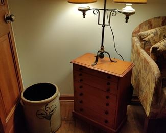 19th century storage cabinet, table lamp, antique crock