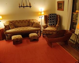 Couch with 2 footstool and two matching armchairs, 19th century rocking cradle