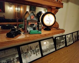 antique gas station swag and art (mirrored shelving unit not for sale)