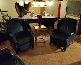 3 leather recliner chairs, antique square table