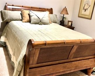 Lane Bahama style wood and cane bed queen bed/mattress