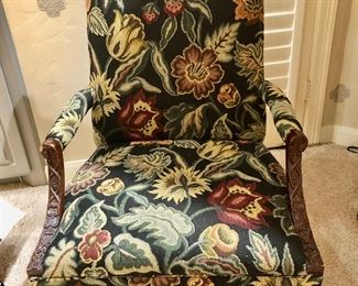 Chippendale style bold pattern wood frame chair