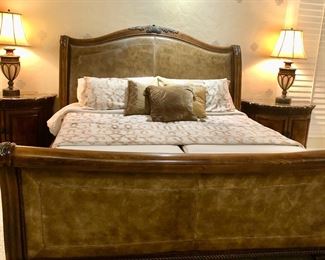 Stunning Henredon wood and leather King bed with Tempur-Pedic dual adjustable mattresses