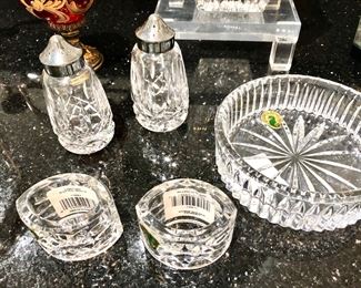 Waterford salt/pepper, wine coaster, napkin rings