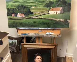 Beautiful oil on canvas portrait and landscape with farm 