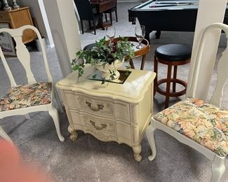 French Style Bed Chest, white lacquer Chairs 