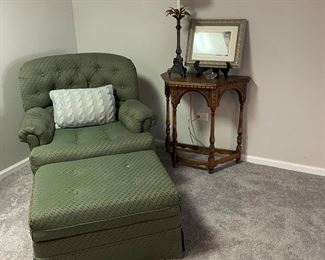 Green Chair w/ Ottoman,  Side Table 
