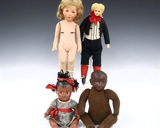 Four 19th to mid 20th century dolls. Composite heads with painted detail on jointed cloth and composite bodies. Includes a girl with Blonde wig and roller skates, a boy with traditional Dutch clothing, and two African American baby dolls including one with yarn hair likely by Effanbee. Wear to paint, minor damage, fabric with some wear and staining. Up to 15" long. ESTIMATE $100-150