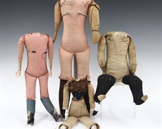 Four antique cloth doll bodies. Jointed bodies, one with China lower arms and legs. Two with "Hair Stuffed / Made in Germany" stamped marks. Wear and damage overall, as-is. Up to 19" long.