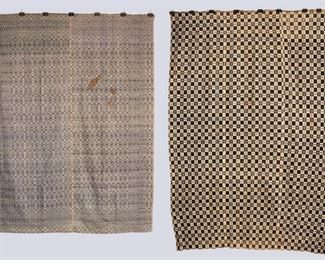 Two 19th century American Overshot coverlets. Includes one of two piece construction with "Lover's Knot" design in Blue, and another of three piece construction with geometric design in Blue. Wear, staining, minor losses and edge damage. "Lover's Knot" coverlet is approx. 66 x 87" long overall, geometric design coverlet is approx. 71 1/2 x 99 1/2" long overall. ESTIMATE $100-200