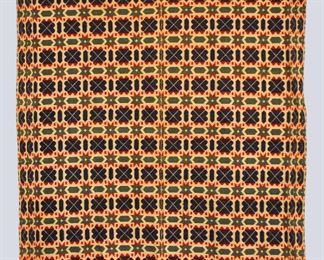 A 19th century American Overshot coverlet. Two piece construction with geometric design in Red, Blue and Olive Green. Some wear and losses. Approx. 71 x 86" long overall. ESTIMATE $100-200