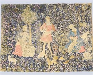A mid 20th century French tapestry after "Tenture de la Noble Pastoral". Decorative silkscreened wall hanging after the 16th century original. 76 1/2 x 56" high overall. Some wear and fading to print. ESTIMATE $200-400