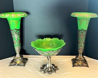 #2. $650. Green Opaline Vases (2), 16X8, and Centerpiece, 9X8.